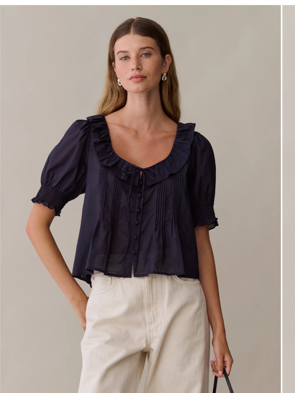 Sorella Navy Ruffle-Trim Cotton Blouse